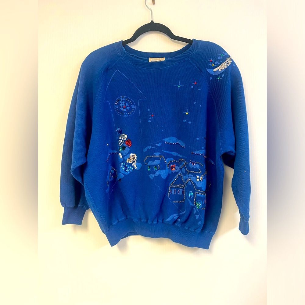 Vintage Neiman Marcus glitter beaded sequin Christmas Snowy Village sweater‎